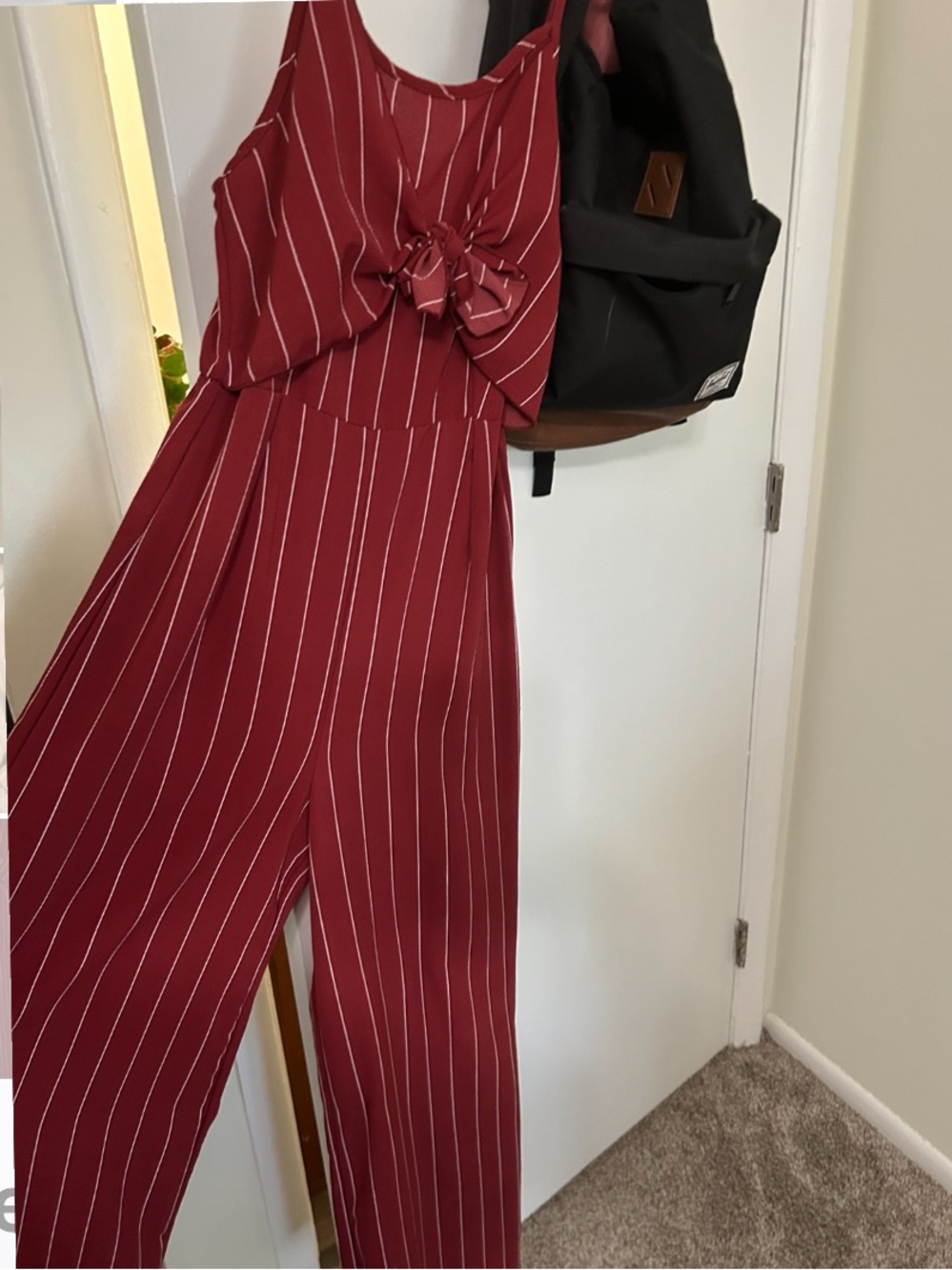 Burgundy & White Striped Tie-Front Jumpsuit from Lavendar Field